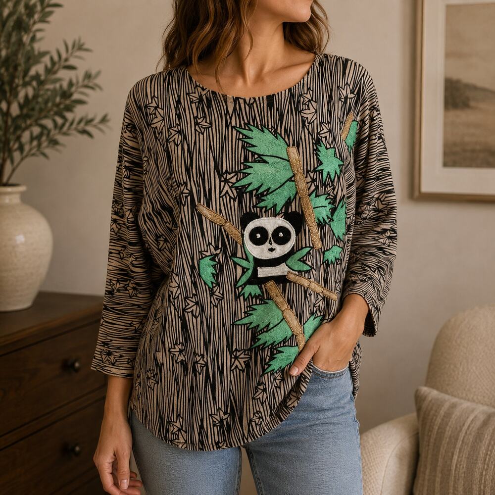 Spree Womens Panda Bear 3D Sweatshirt Size M Beaded Striped Zoo Vintage 80s
